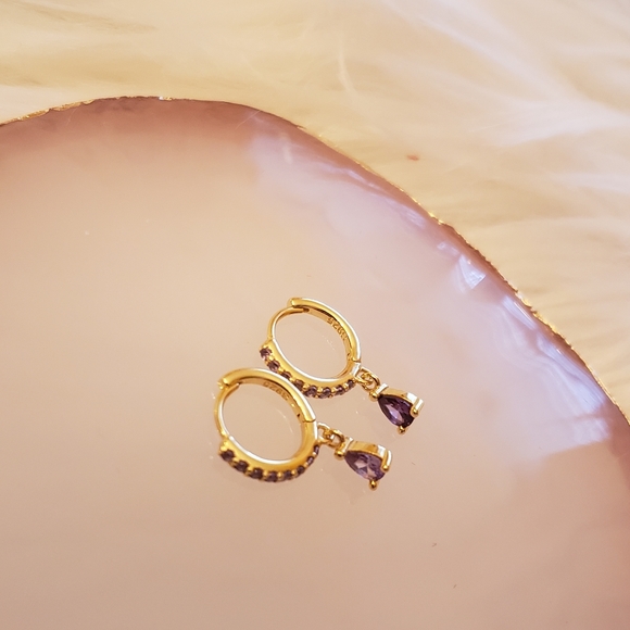 Amethyst Purple Pave & Gold Huggie Hoops - Picture 3 of 3